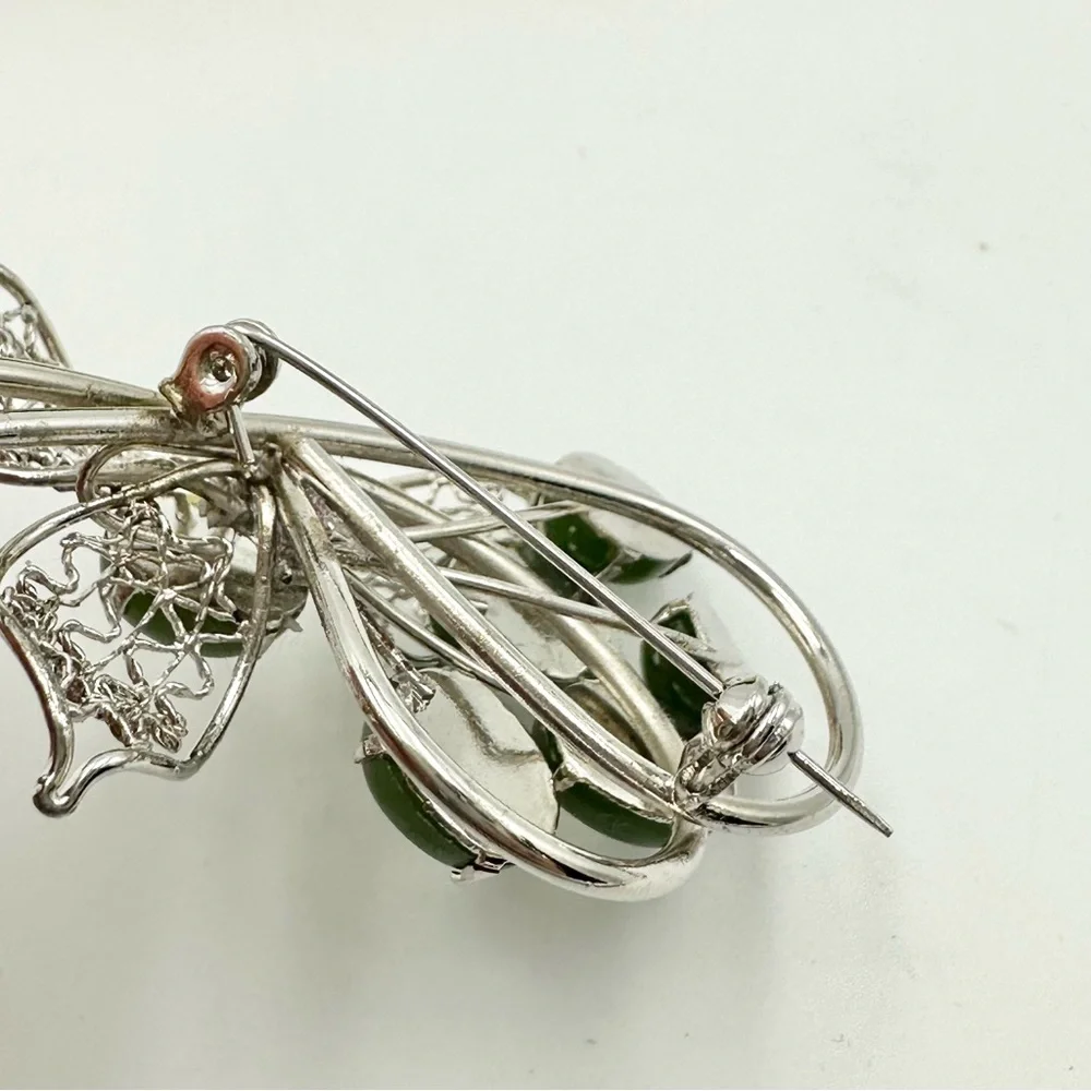 Vintage Genuine Jade Cabochon Leaf Bouquet Brooch Pin